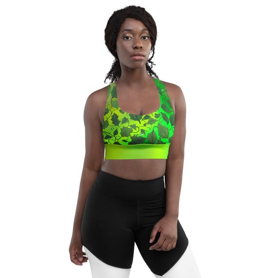 Recycled Fabric Longline Sports Bra: Green Leaves Gradient Design