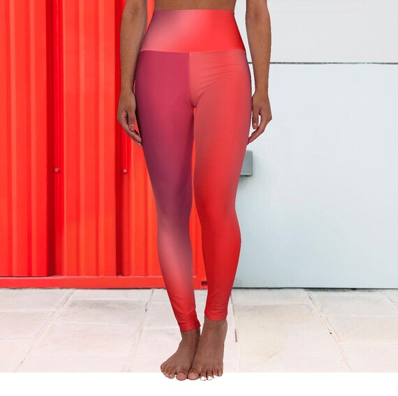 Red Ombre High Waisted Yoga Leggings for Women | Tummy Control Workout Pants | Vibrant Gradient Stylish Athleisure Activewear Gift