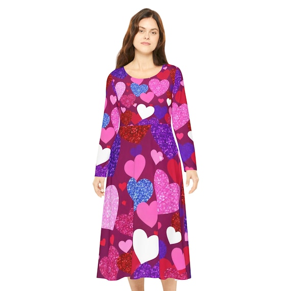 Valentine's Day Heart Print Dance Dress: Long Sleeve Polyester Party Dress