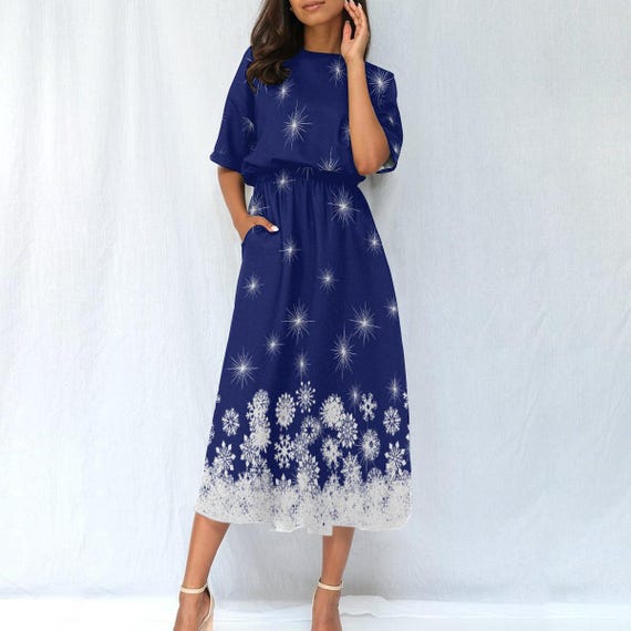 Winter Snowflake Print Women’s Elastic Waist Dress on Navy Blue Background