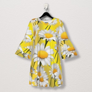 Yellow Daisy Stacked Ruffle Sleeve Dress - Perfect Women&#39;s Summer Outfit - Adorable, Cute & Comfy