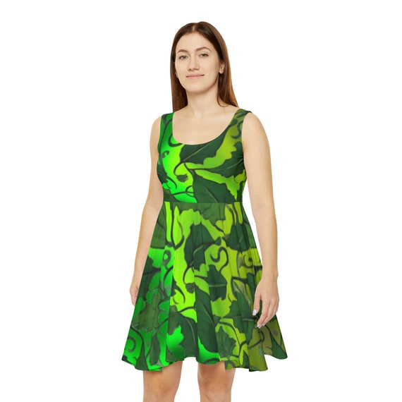 Green Leaves Skater Dress: Eco-Friendly Flare Skirt