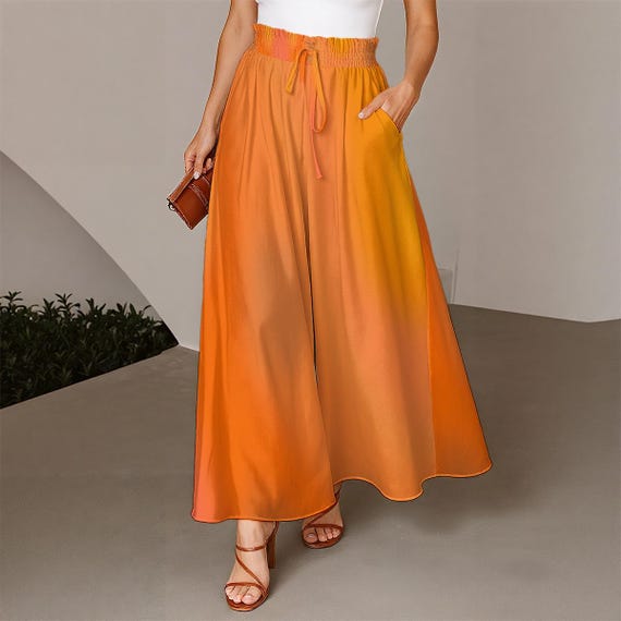 Gradient Orange Print Women’s Ruffled Wide Leg Pants Skirt Skants — Ombre Flowing Design