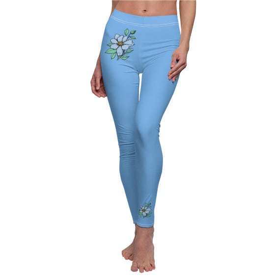 Solid Color Light Blue Floral High Waisted Leggings for Women | Soft Yoga Pants with Minimal Flower Design | Stylish Workout & Lounge Wear