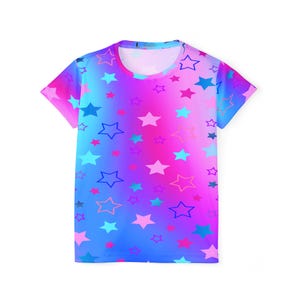 May include: A short-sleeved t-shirt with a gradient pattern of pink, blue, and purple. The shirt is covered in a pattern of blue, pink, and purple stars.