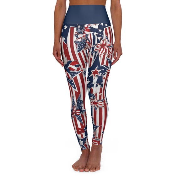 Patriotic High Waisted Leggings for Women |  USA American Flag Stars & Stripes Inspired Yoga Pants for 4th of July Fitness Everyday Wear