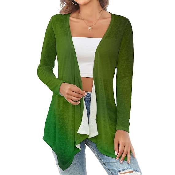 Gradient Dark Green Drop Shoulder for Women Open Shirt Cardigan with Irregular Hem
