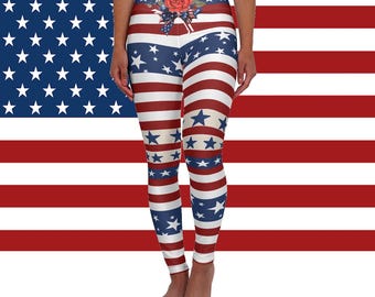 Patriotic Stars & Stripes High Waisted Leggings for Women | USA American Flag Inspired Fitness Everyday Wear