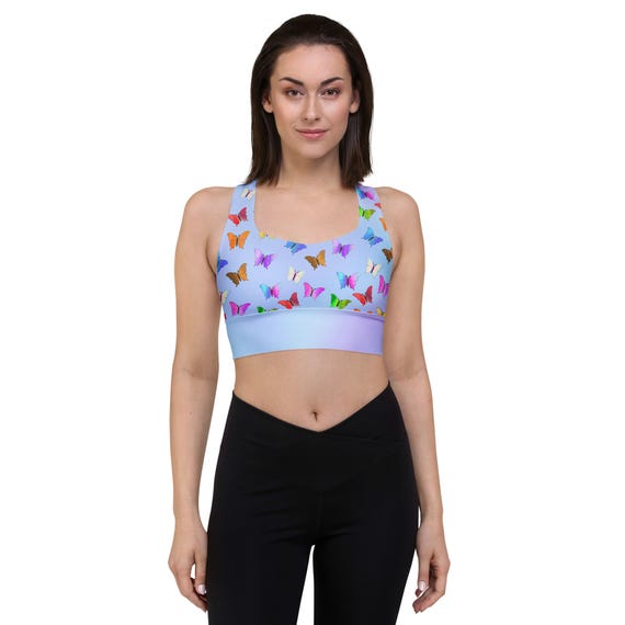 Stylish Colorful Butterfly Print Recycled Longline Sports Bra on Pastel Blue Gradient