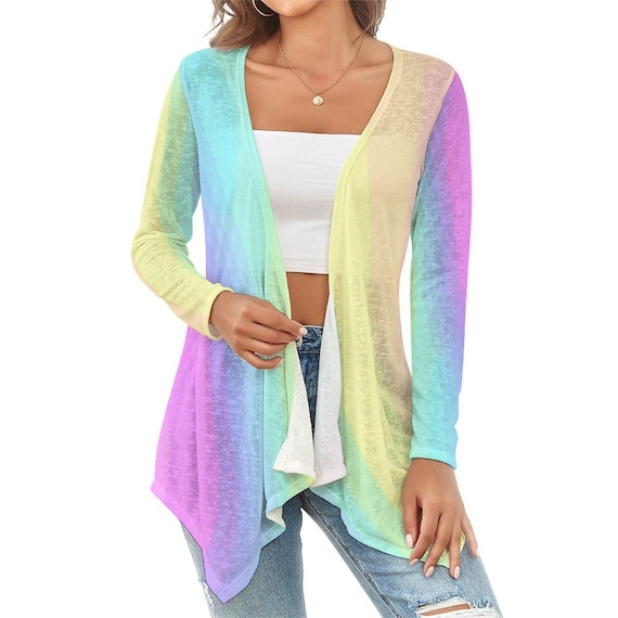 Soft Pastel Rainbow Cardigan | Boho Chic Knit Cardigan for Layering & Everyday Wear - Drop Shoulder Women's Open Shirt with Irregular Hem