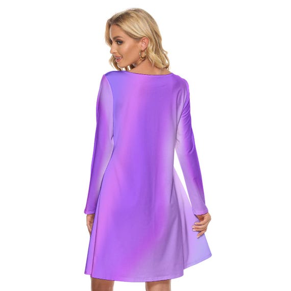 Purple Gradient Knee-Length Dress: Long Sleeve Crew Neck Maxi with Pockets