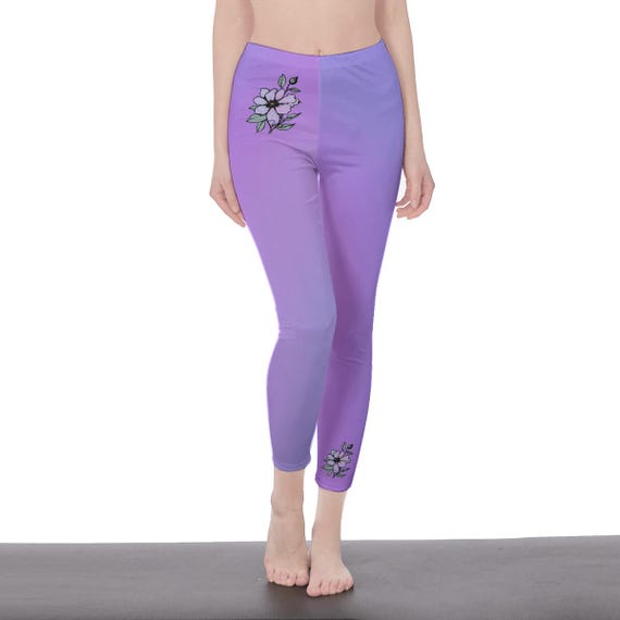 Lavender Ombre Floral High Waisted Leggings for Women | Soft Yoga Pants with Minimal Flower Design | Stylish Workout & Lounge Wear