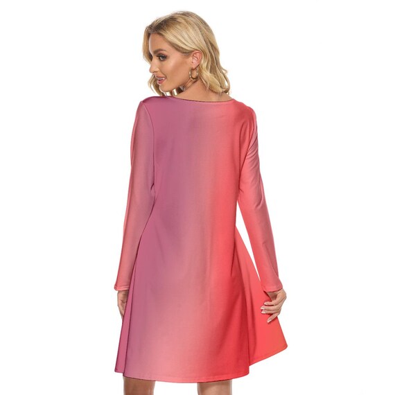 Red Gradient Knee Length Dress: Long Sleeve Crew Neck