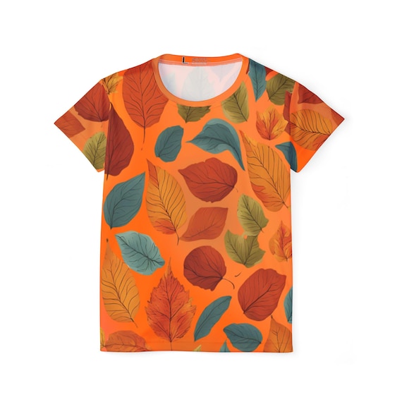 Autumn Vibes: Women's Jersey T-Shirt with Fall Leaves on Orange Background