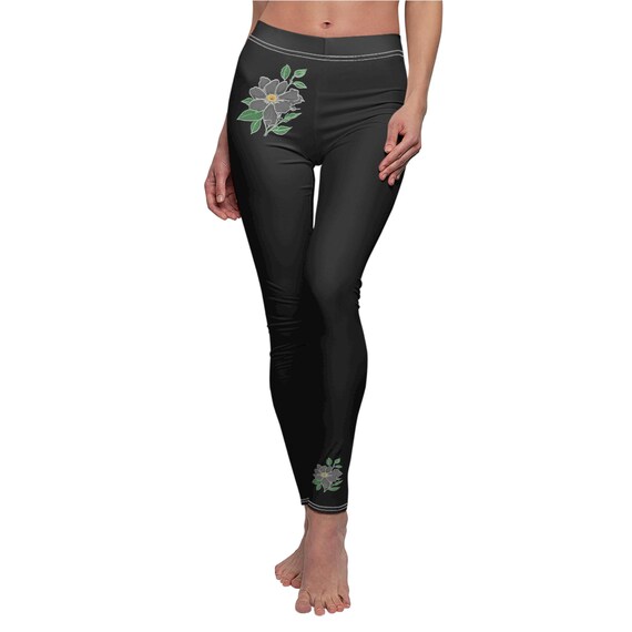 Solid Color Black Floral High Waisted Leggings for Women | Soft Yoga Pants with Minimal Flower Design | Stylish Workout & Lounge Wear