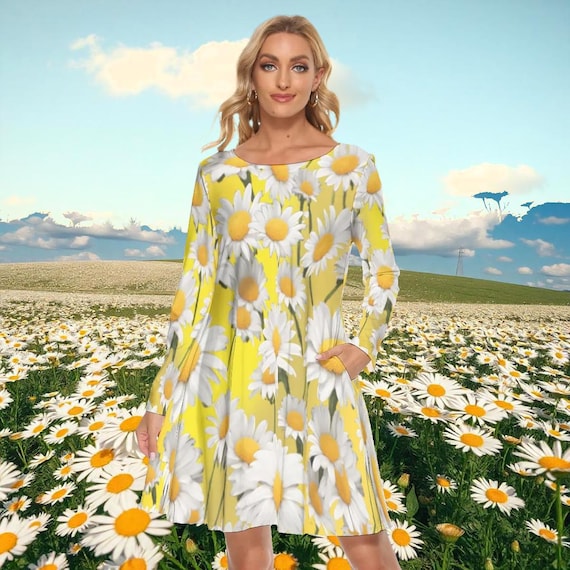 Daisy Print Dress: Yellow Gradient Long Sleeve Mini Dress with Pockets
