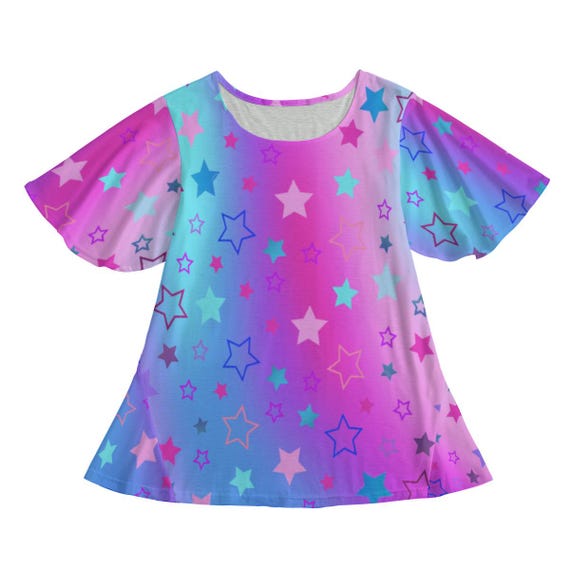 Pink Blue Purple Stars Colorful Round Neck T-shirt with Butterfly Sleeves For Women