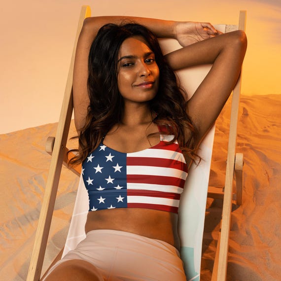 Patriotic USA Flag Recycled Longline Sports Bra: July 4th Workout Top