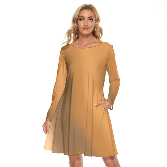 Brown Ombre Long Sleeve Dress: Earth Tone Party Dress with Pockets