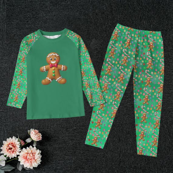 Kid's Christmas Pajama Set: Green Gingerbread Man Loungewear