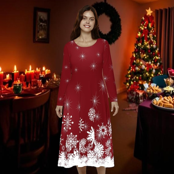 Elegant Snowflake Dance Dress: Long Sleeve Holiday Party Maxi Dress