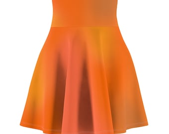 May include: An orange skater skirt with a high waistband. The skirt features a gradient design, transitioning from a darker orange at the bottom to a lighter orange at the top. The skirt is made of a soft, flowing fabric.