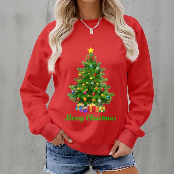Red Christmas Tree Graphic Sweatshirt — Merry Christmas Women’s Fleece Crew-Neck Holiday Pullover