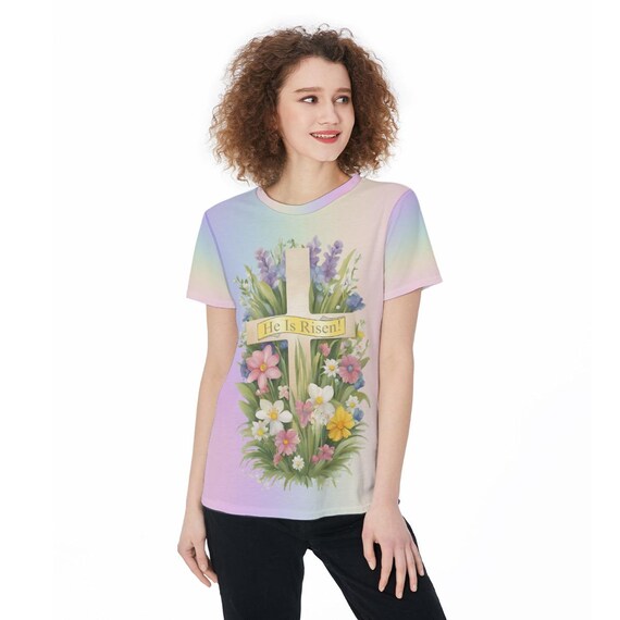 He Is Risen Easter T-Shirt: Pastel Rainbow Cross & Spring Flowers