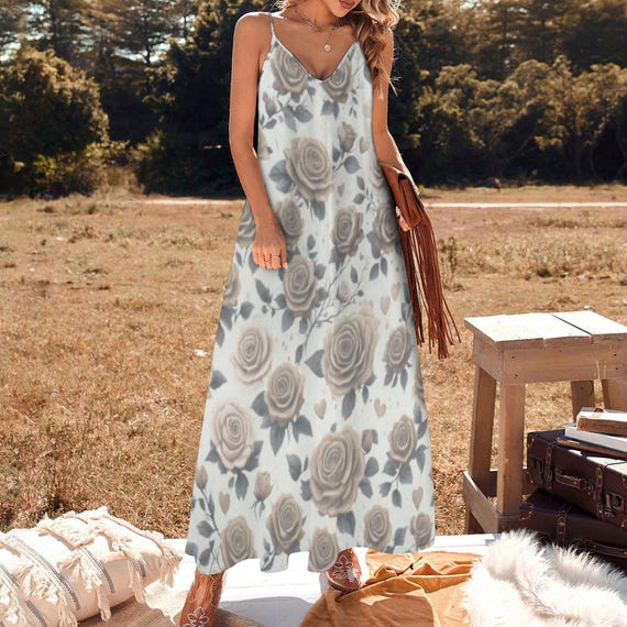 Roses Print Maxi Dress: Sleeveless Boho Sling Dress