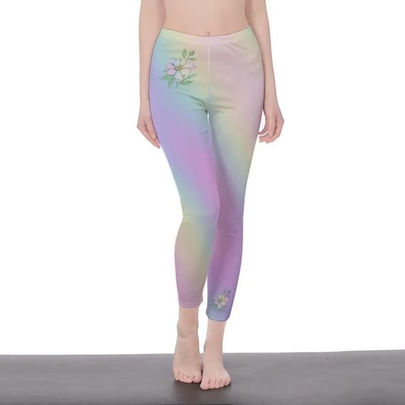 Pastel Rainbow Ombre Floral High Waisted Leggings for Women | Soft Yoga Pants with Minimal Flower Design | Stylish Workout & Lounge Wear
