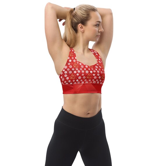 Joy to the World Recycled Longline Sports Bra – Red Snowflake Christmas Workout Top for Women