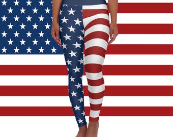 Patriotic High Waisted Leggings for Women |  USA American Flag Stars & Stripes Inspired Yoga Pants for 4th of July Fitness Everyday Wear