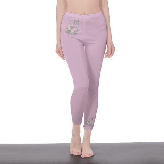 Solid Color Soft Pink Floral High Waisted Leggings for Women | Soft Yoga Pants with Minimal Flower Design | Stylish Workout & Lounge Wear