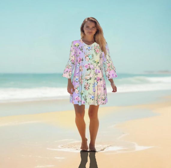 pastel color tops and dresses Pastel Rainbow Women's Crew Neck Dress Long Sleeve, Ombre Tie Dye Summer Cocktail Mini Cute Handmade Designer Dress