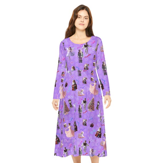 Nutcracker Ballet Pattern Women's Long Sleeve Dance Dress | Purple Holiday Print