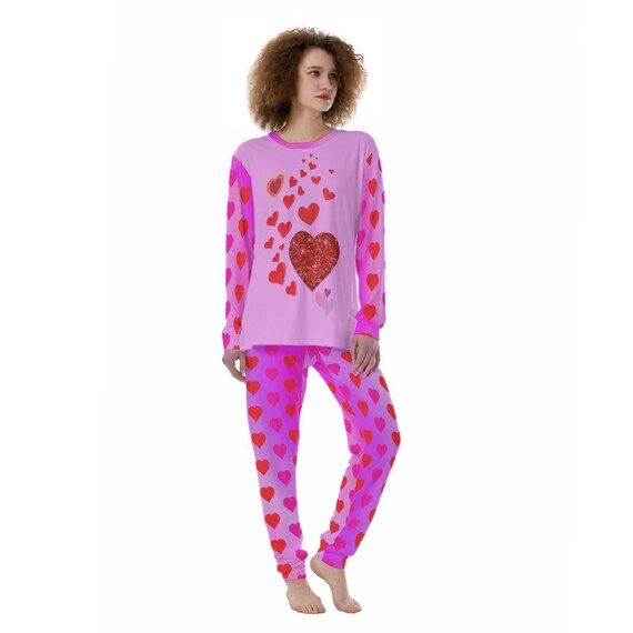 Women’s Pajama Set – Fun Heart Pattern Crew‑Neck Sleepwear Two‑Piece Lounge Set