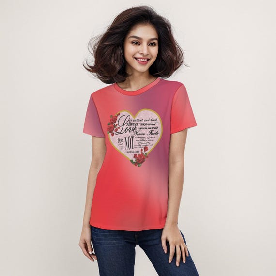 Floral Heart Jersey Tee – 1 Corinthians 13 Bible Verse Shirt "Love Never Fails"