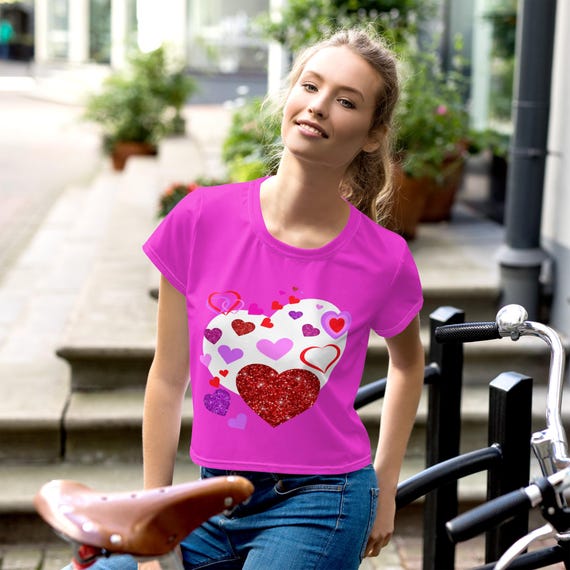 Hot Pink Heart Print Crop Top: Trendy Valentine's Tee