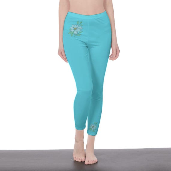 Solid Color Turquoise Floral High Waisted Leggings for Women | Soft Yoga Pants with Minimal Flower Design | Stylish Workout & Lounge Wear