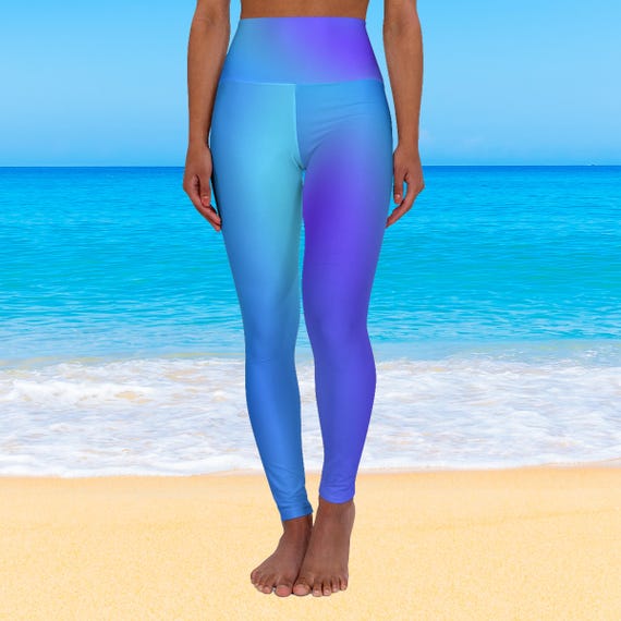 Ocean Blue Ombre High Waisted Yoga Leggings for Women | Tummy Control Workout Pants | Vibrant Gradient Stylish Athleisure Activewear Gift