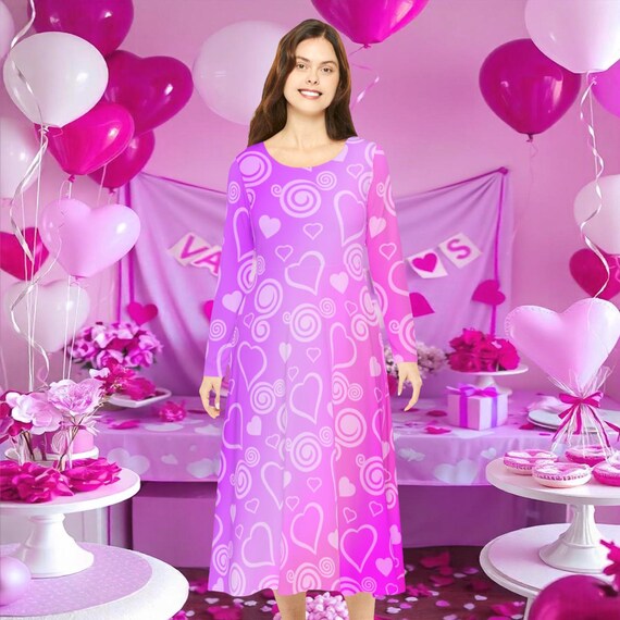 Valentine's Day Dance Dress: Pink & Purple Hearts - Long Sleeve Polyester