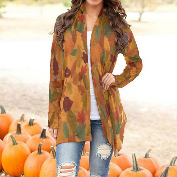 Fall Leaves Pattern Women’s Cardigan – Cozy Long Sleeve Lightweight Autumn Layering