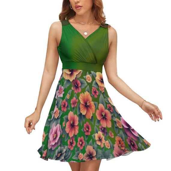 Green Hibiscus Floral Dress: Sleeveless High Waist Circle Skirt
