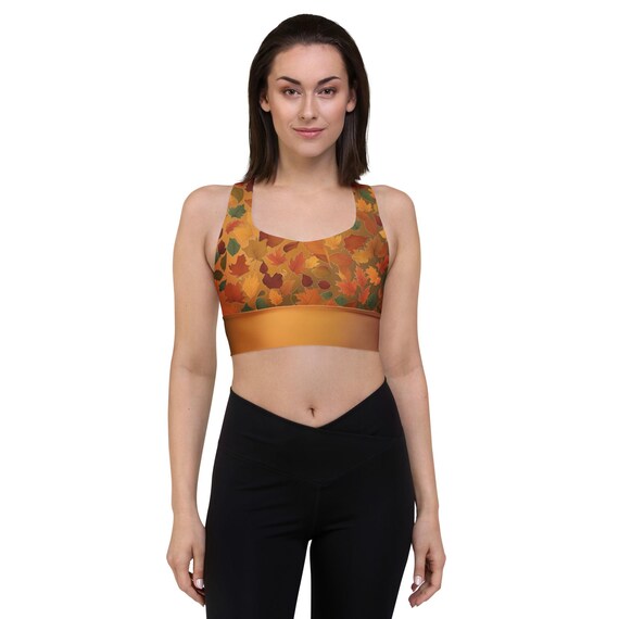 Recycled Longline Sports Bra with Fall Leaves Pattern – Fall Colors Eco-Friendly Activewear