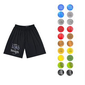 May include: Black athletic shorts with the text "The JOY of the LORD is my Strength" printed on the left leg. The shorts have a drawstring waistband and a relaxed fit.