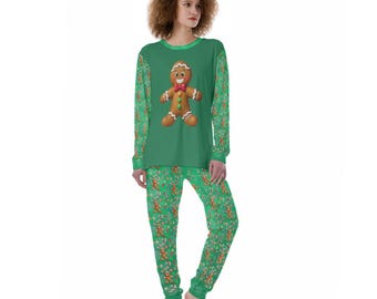 Pigiama da donna con stampa di caramelle di pan di zenzero su sfondo verde