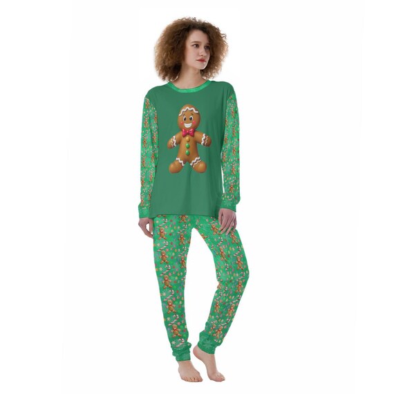 Gingerbread Candy Print Women’s Pajamas on Green Background