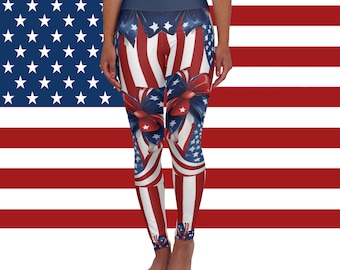 Patriotic High Waisted Leggings for Women |  USA American Flag Stars & Stripes Inspired Yoga Pants for 4th of July Fitness Everyday Wear