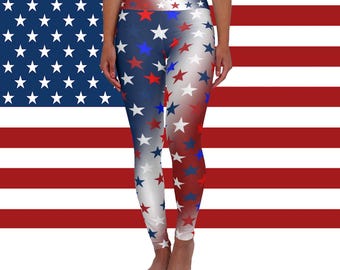 Patriotic High Waisted Leggings for Women |  USA American Flag Stars & Stripes Inspired Yoga Pants for 4th of July Fitness Everyday Wear