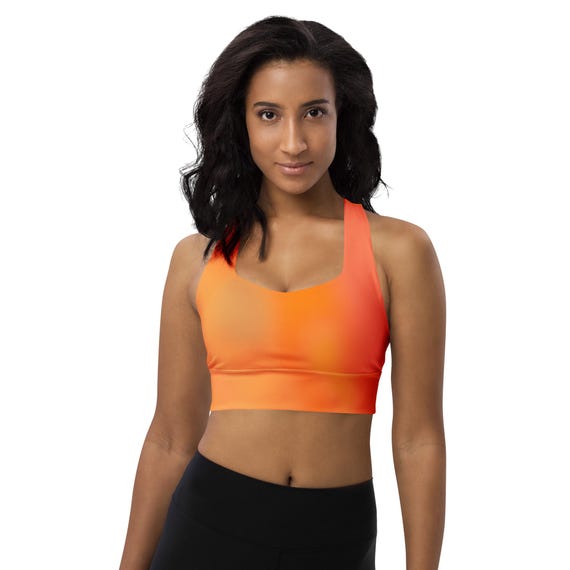Recycled Longline Sports Bra with Gradient Orange Print – Eco-Friendly Compression Workout Top
